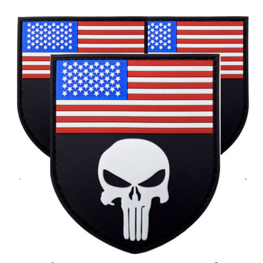 USA Flag Skull Vinyl PVC 3 x 3.75" Patch With Hook Backing (50% OFF)