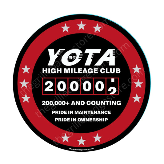www.toyotahighmileageclub.com High quality, THICK and weather resistant for 3-5 years. High mileage club stickers, Sticker - Yota High Mileage Club,  High Mile Club - do you own a high mileage Toyota  one of the ORIGINAL (besides Volvo) www. thegrillebadgestore.com 200K 200,000 miles