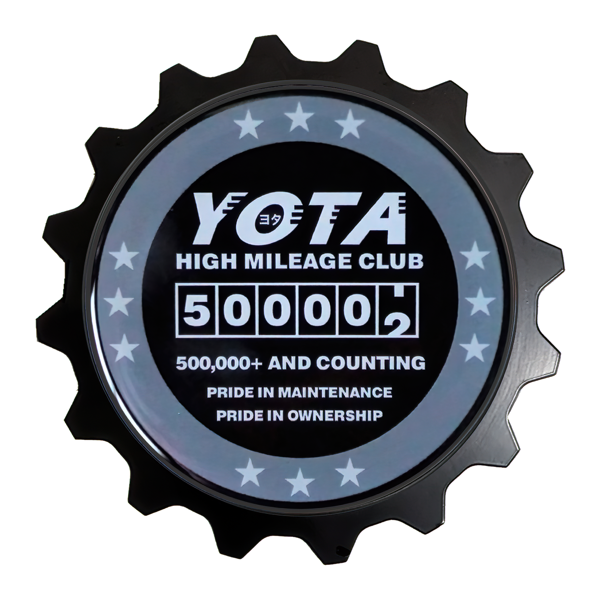 www.toyotahighmileageclub.com Yota High Miles Club Badge For Toyota Owners, High Mileage 500K is something to celebrate! If you hit the 500,000 mile mark in your reliable Toyota this is the badge of honor for you. We also have this design in a patch and decal sticker.