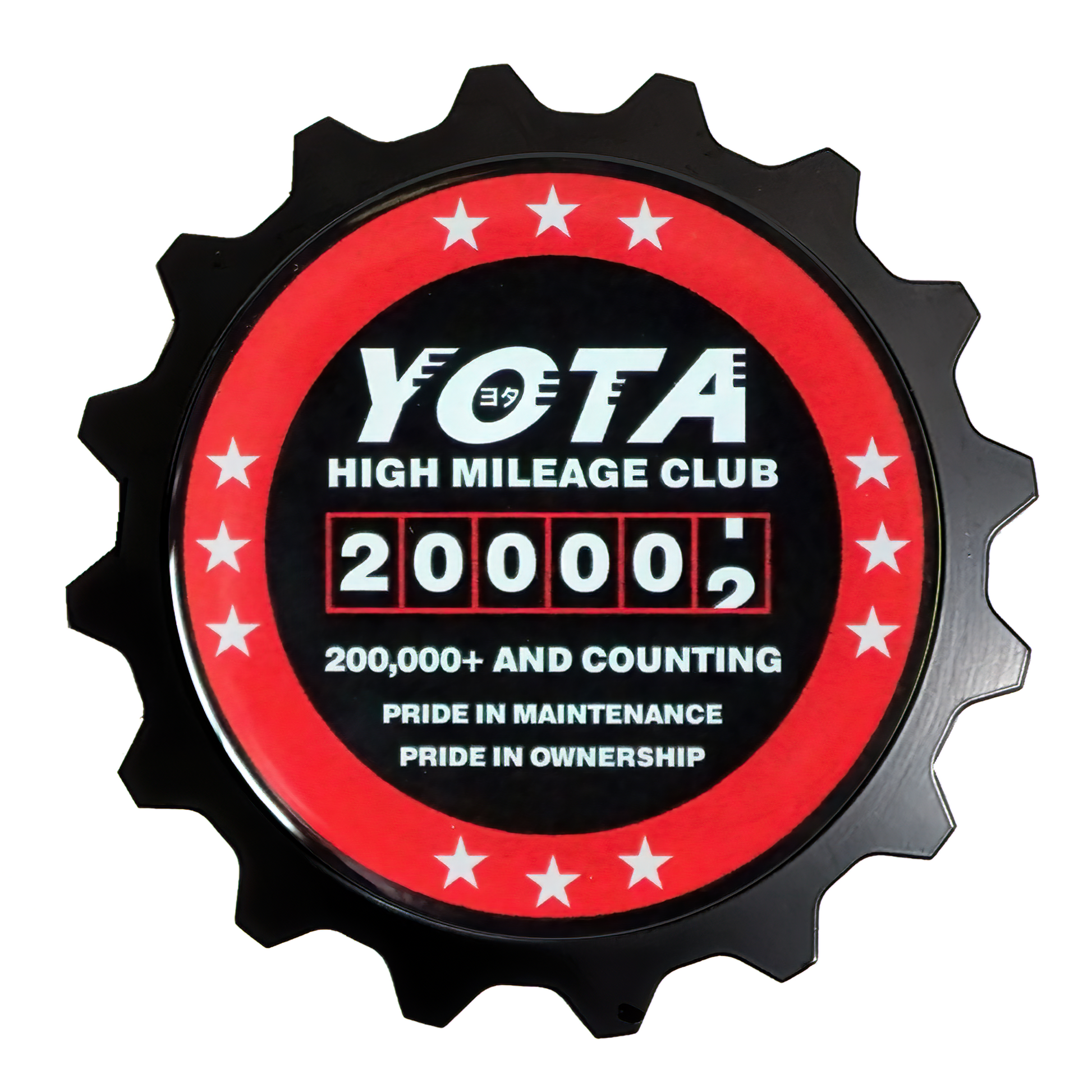 www.toyotahighmileageclub.com Yota High Miles Club Badge For Toyota Owners, High Mileage 200K is something to celebrate! If you hit the 200,000 mile mark in your reliable Toyota this is the badge of honor for you. We also have this design in a patch and decal sticker. High Miles Decal Toyota.