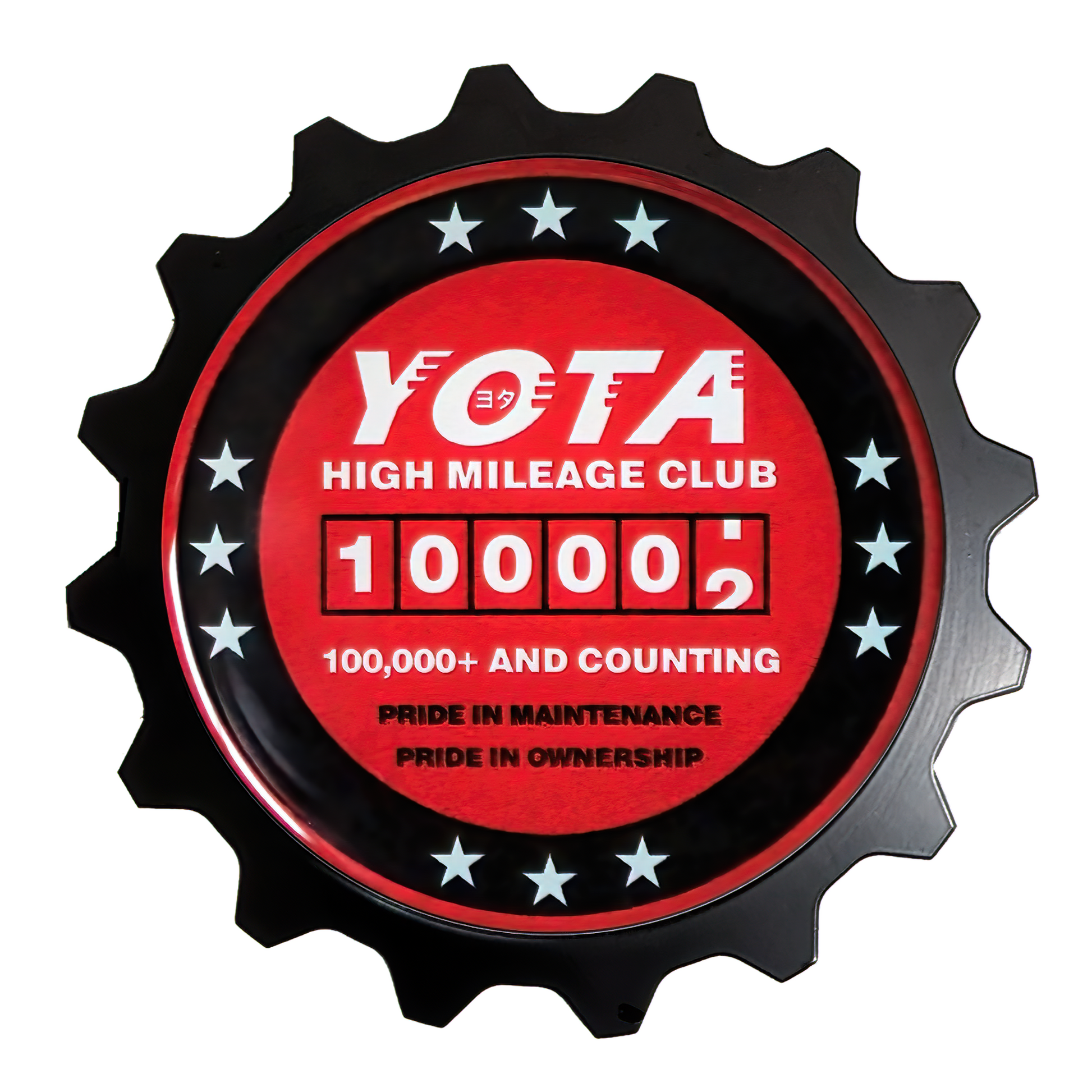 www.toyotahighmileageclub.com Yota High Miles Club Badge For Toyota Owners, High Mileage 100K is something to celebrate! If you hit the 100,000 mile mark in your reliable Toyota this is the badge of honor for you. We also have this design in a patch and decal sticker.