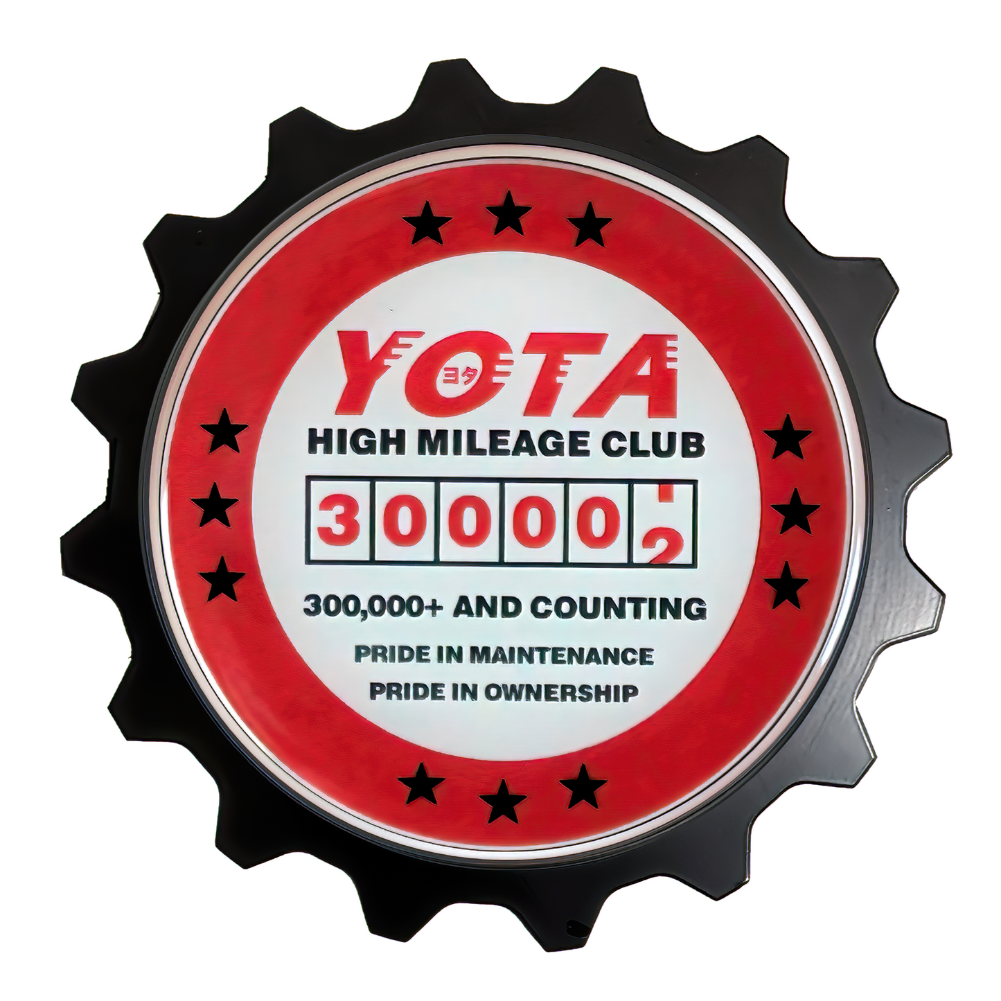 www.toyotahighmileageclub.com Yota High Miles Club Badge For Toyota Owners, High Mileage 300K is something to celebrate! If you hit the 300,000 mile mark in your reliable Toyota this is the badge of honor for you. We also have this design in a patch and decal sticker.