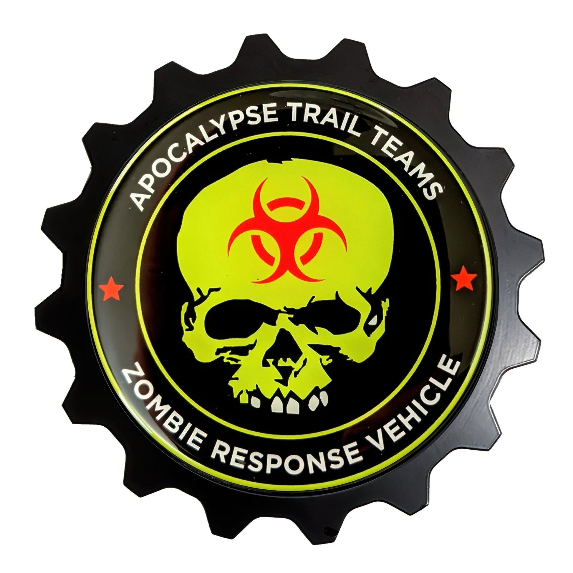 Jeep Wrangler Compatible Badge thegrillebagestore.com  This custom grille badge fits the "trail rated" modern editions of the Jeep Wrangler and Gladiator as well as on the new Ford Bronco. We have seen it installed on the NIssan Titan and Chevy Colorado as a custom 4x4 4WD badge emblem. We call it the groups the "Apocalypse Trail Teams" together till the end! 
