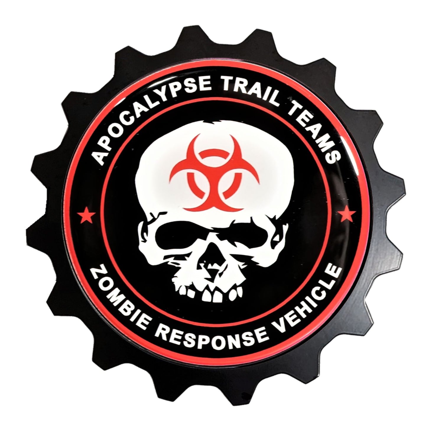 Cool Zombie Trail Teams Offroad grille badge emblem, on the go, is the next generation of aluminum grille badges, with upgradable middle. The are the finest badges whether motoring off-road or on pavement. Compatible Toyota FJ Cruiser, Tacoma, 4RUnner, Tundra, Lexus GX Prado, Jeep Wrangler, Gladiator, Ram Truck, Ford Bronco, Nissan Titan, Chevy Colorado, Mini Cooper & more.